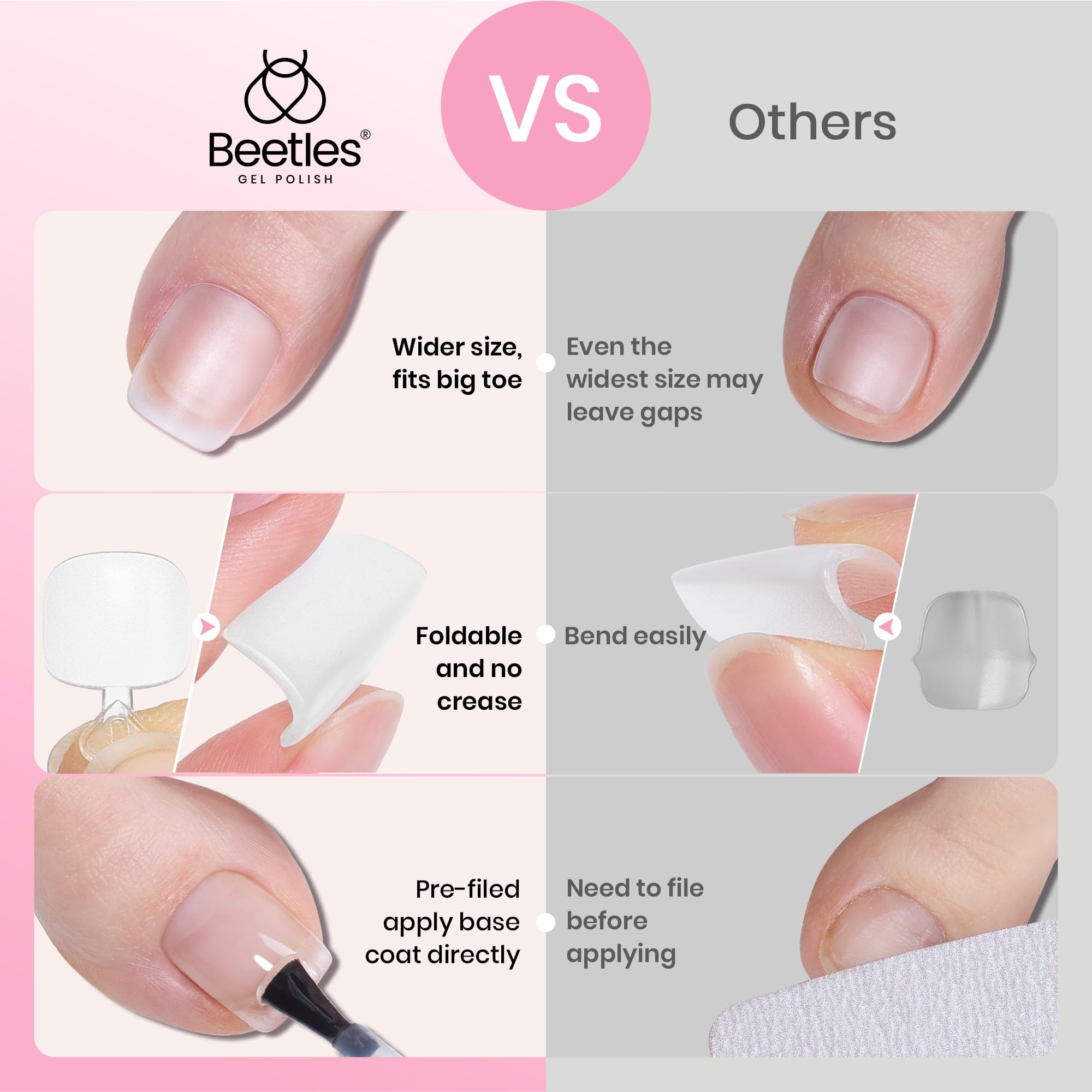 Beetles toe nail tips square thin back edge for natural fit.