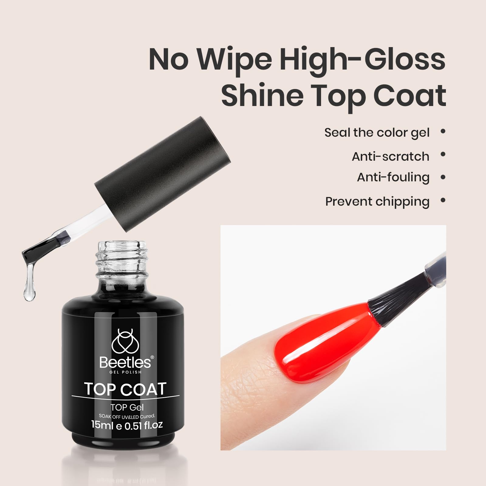Beetles Top Coat 15ml delivers no-wipe gloss and chip protection.