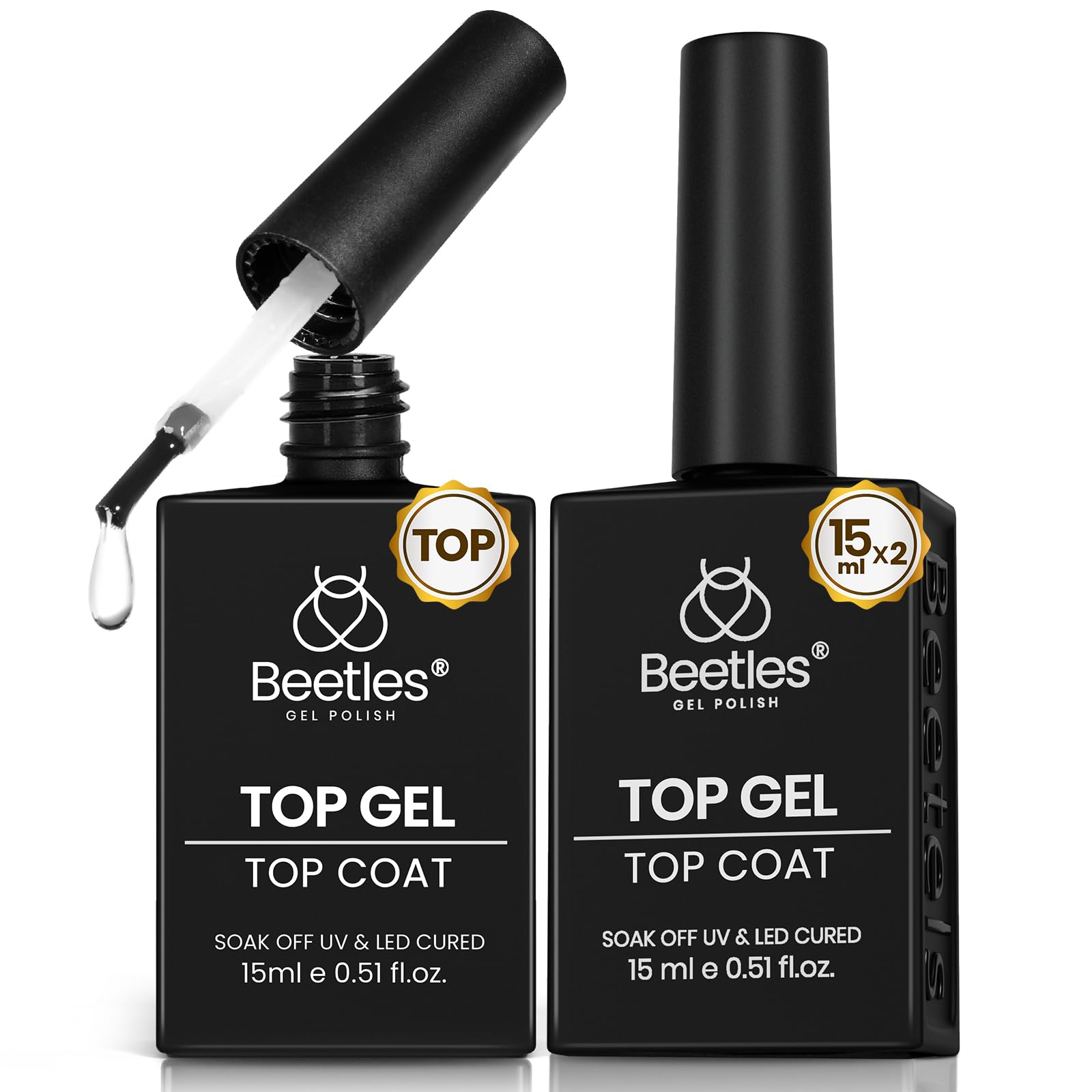 Beetles Top Coat 2pcs 15ml bottles deliver a high-gloss finish for DIY nails.
