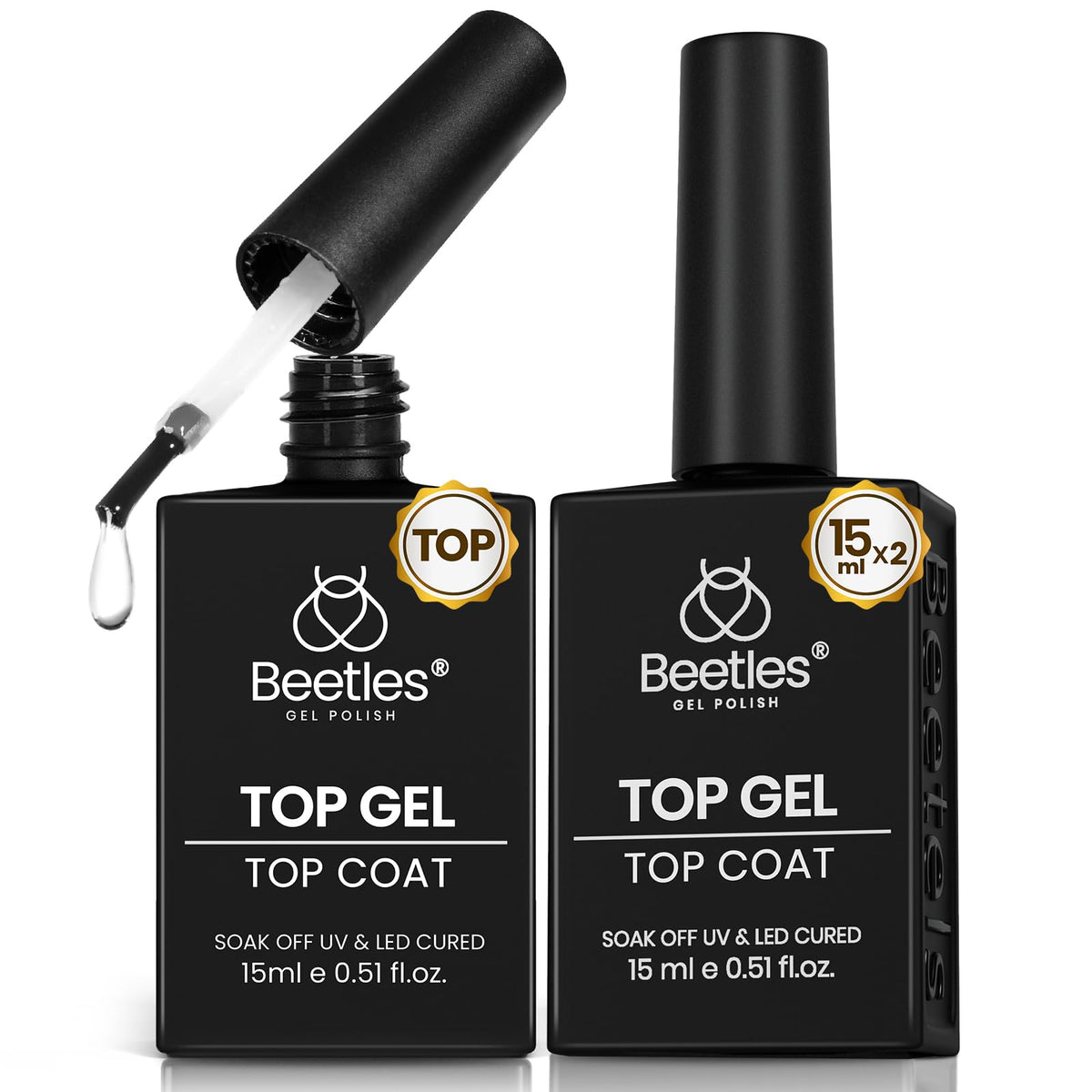 Beetles Top Coat 2pcs 15ml bottles deliver a high-gloss finish for DIY nails.