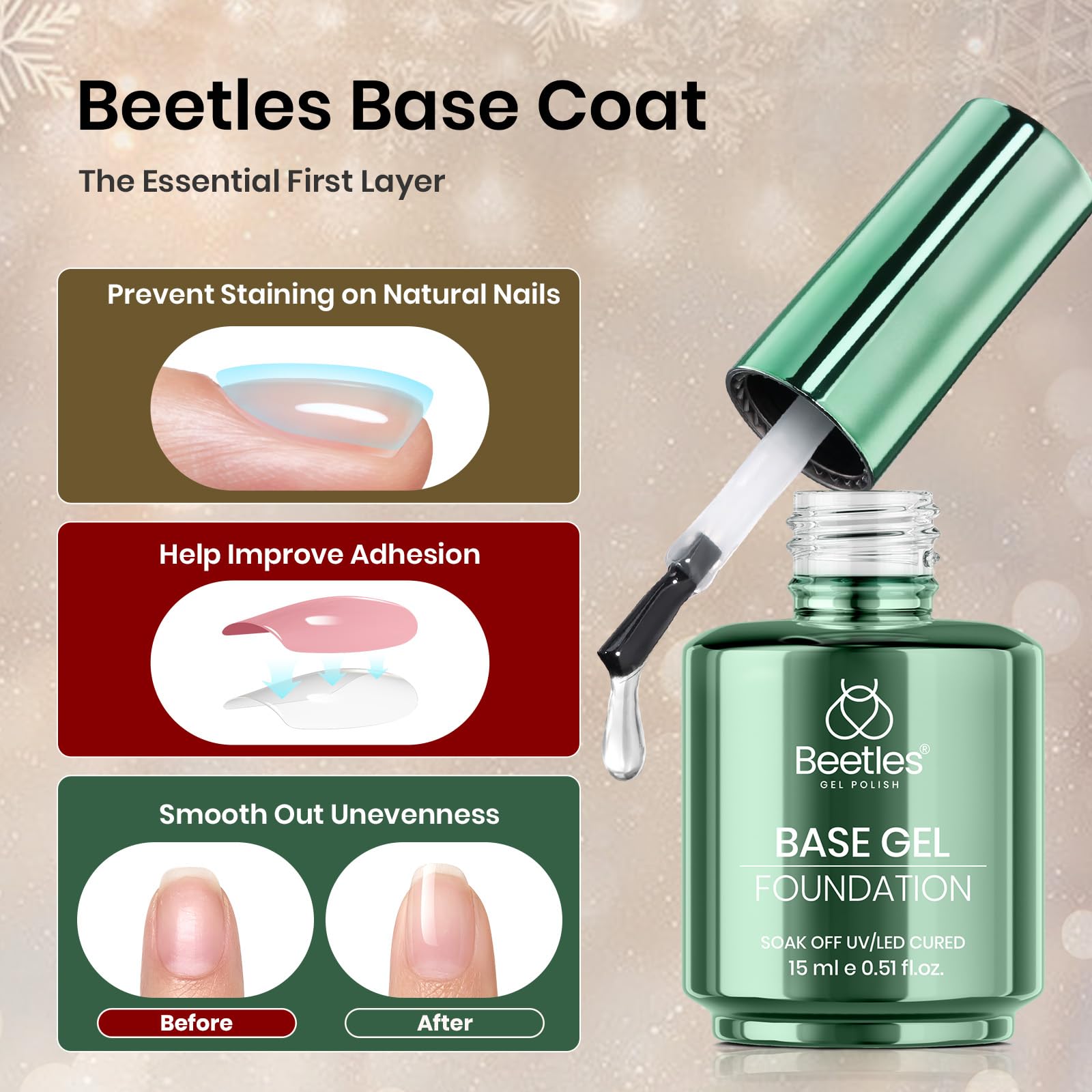 Beetles No Wipe Top Coat in hand applying polish with a high-shine finish.