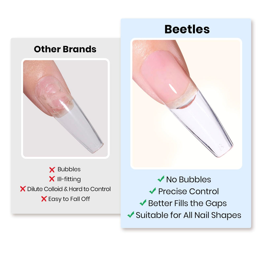 Beetles UV/LED cured nail gel is clear and hard for nail extensions.