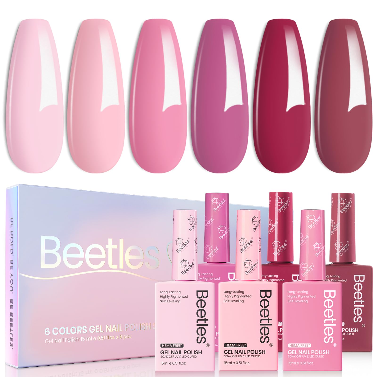 Beetles Valentines color bottles display aids quick shade identification.