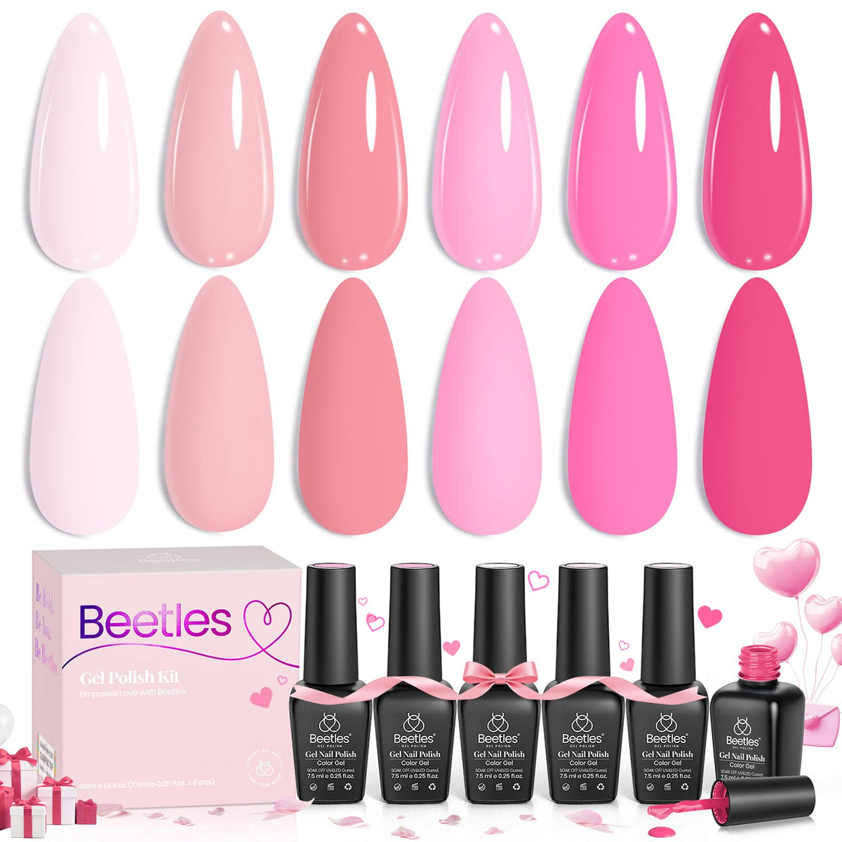 Beetles Valentines Gel Polish Set packaging highlights six complementary pink shades for coordinated manicures.