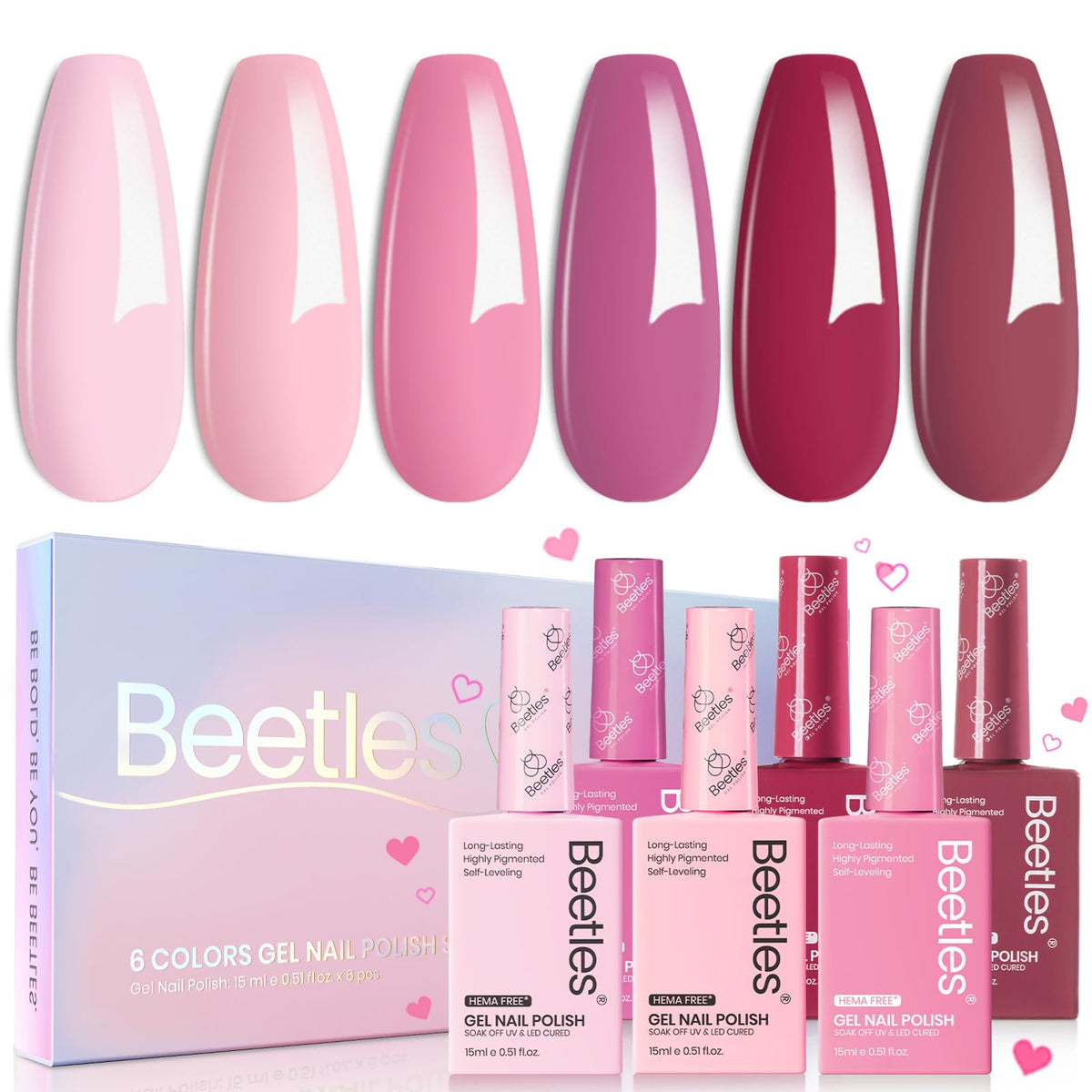 Beetles Valentines Gel Polish Romantic Blush set with six colors for stylish nails.
