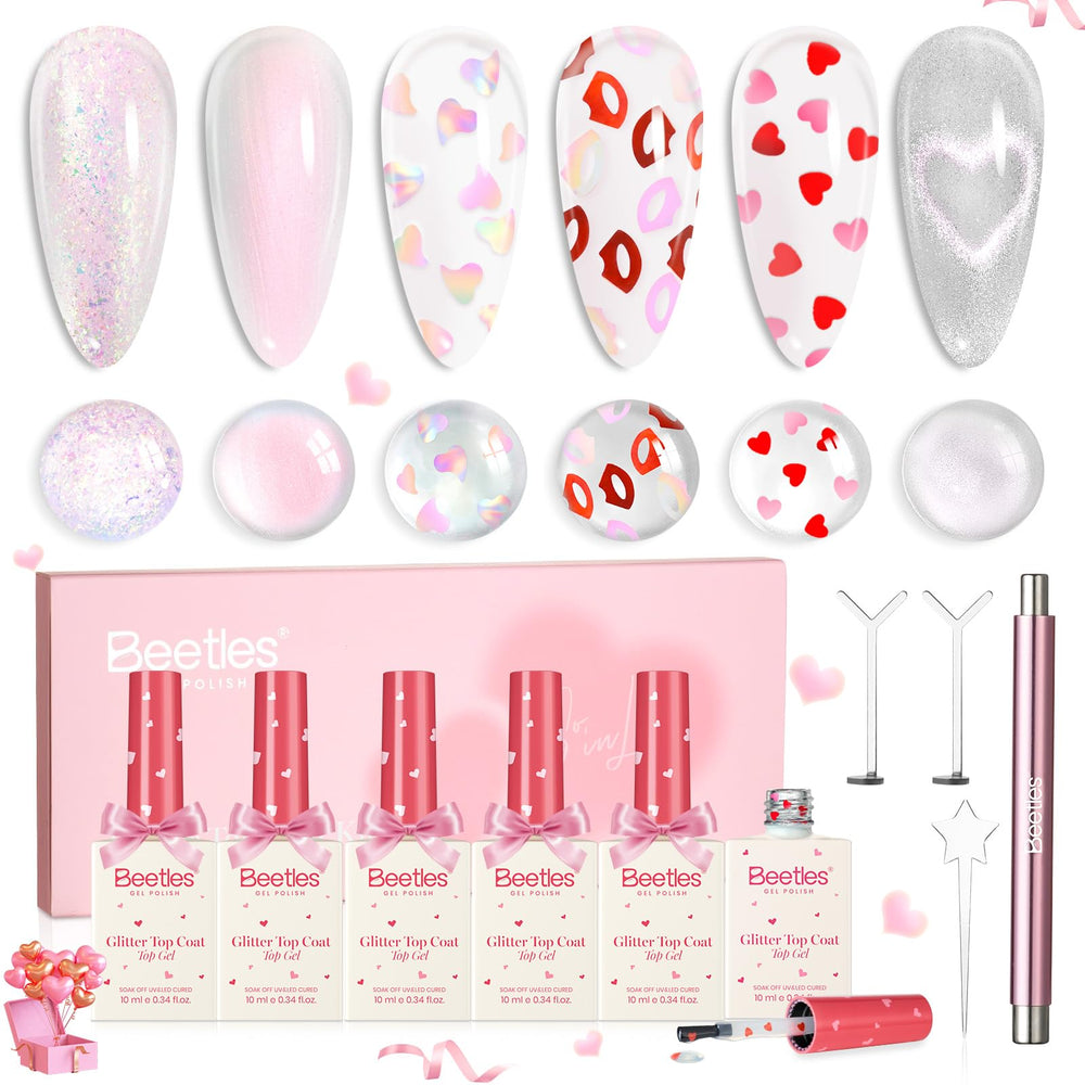 Beetles Valentine's Glitter Top Coat with heart-kiss sparkle for romantic manicure