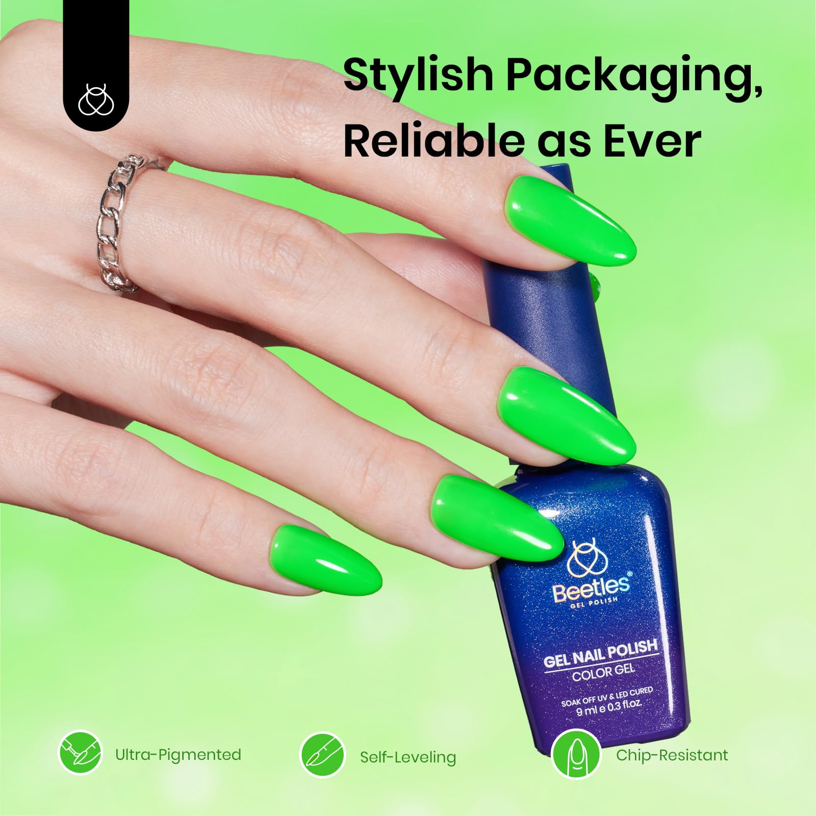 Beetles Valentines Green Gel Nail Polish swatch on nail shows glossy neon color with long lasting appeal
