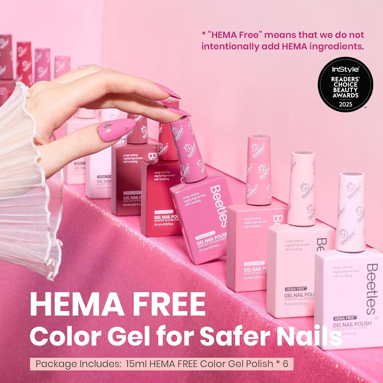 Beetles Valentines pink nail polish bottle close-up highlighting vibrant shades.