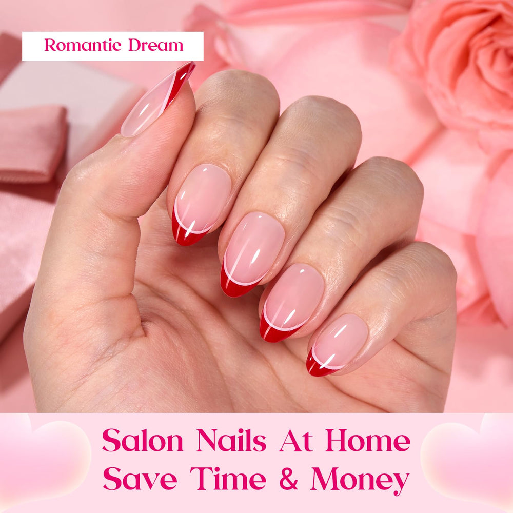 Beetles Valentines short almond tips emphasize easy sizing with 16 sizes for a precise fit