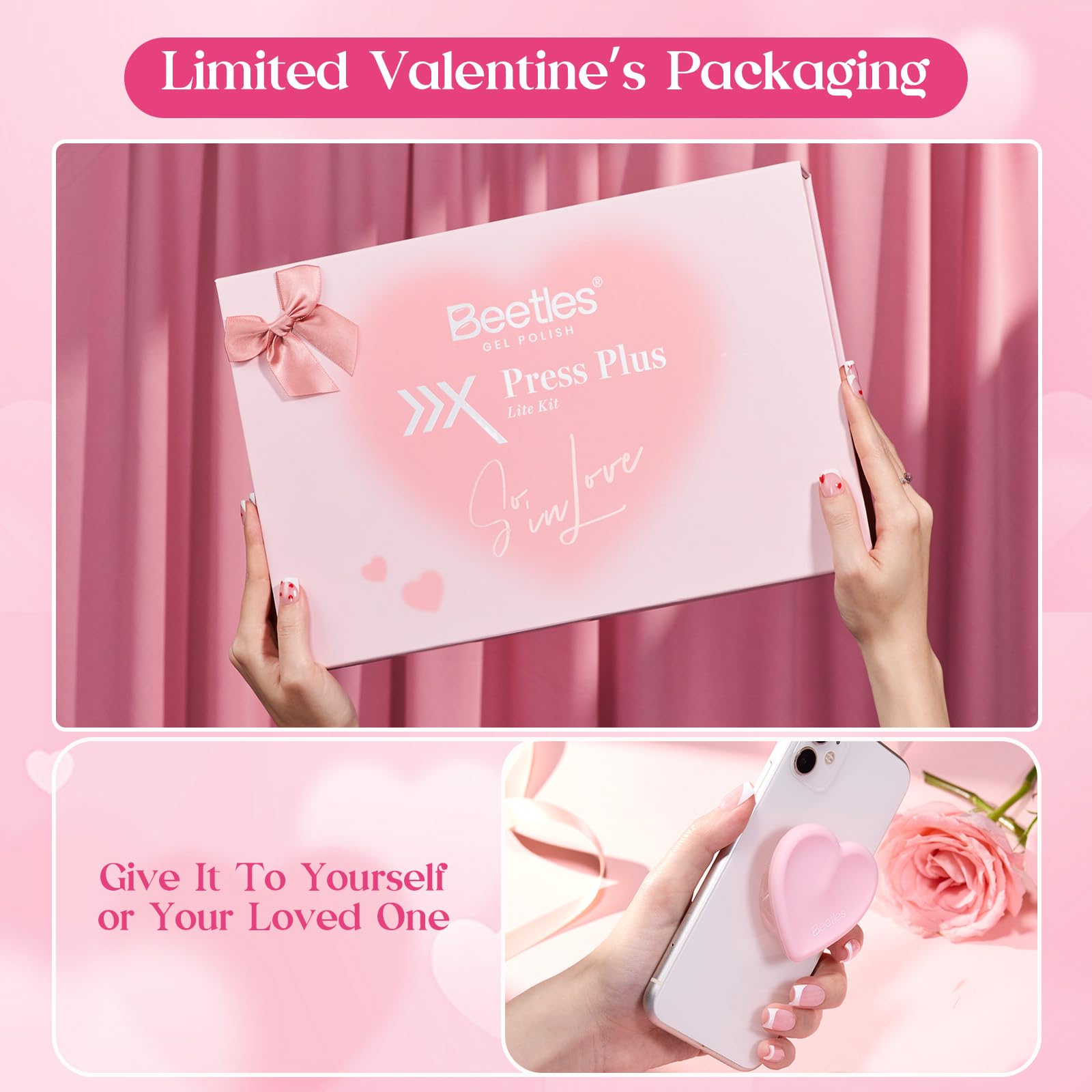 Beetles Valentines short-square nails with pink-white French tip for fast flawless look