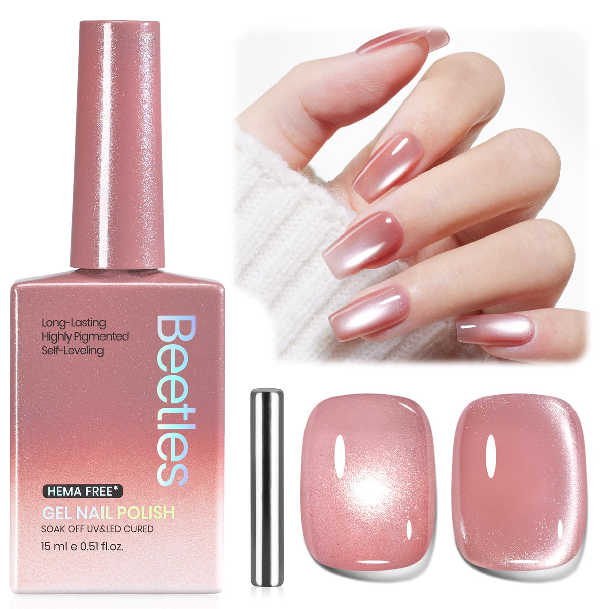 Beetles Velvet Bloom Pink Cat Eye bottle shows rosy glow on nails