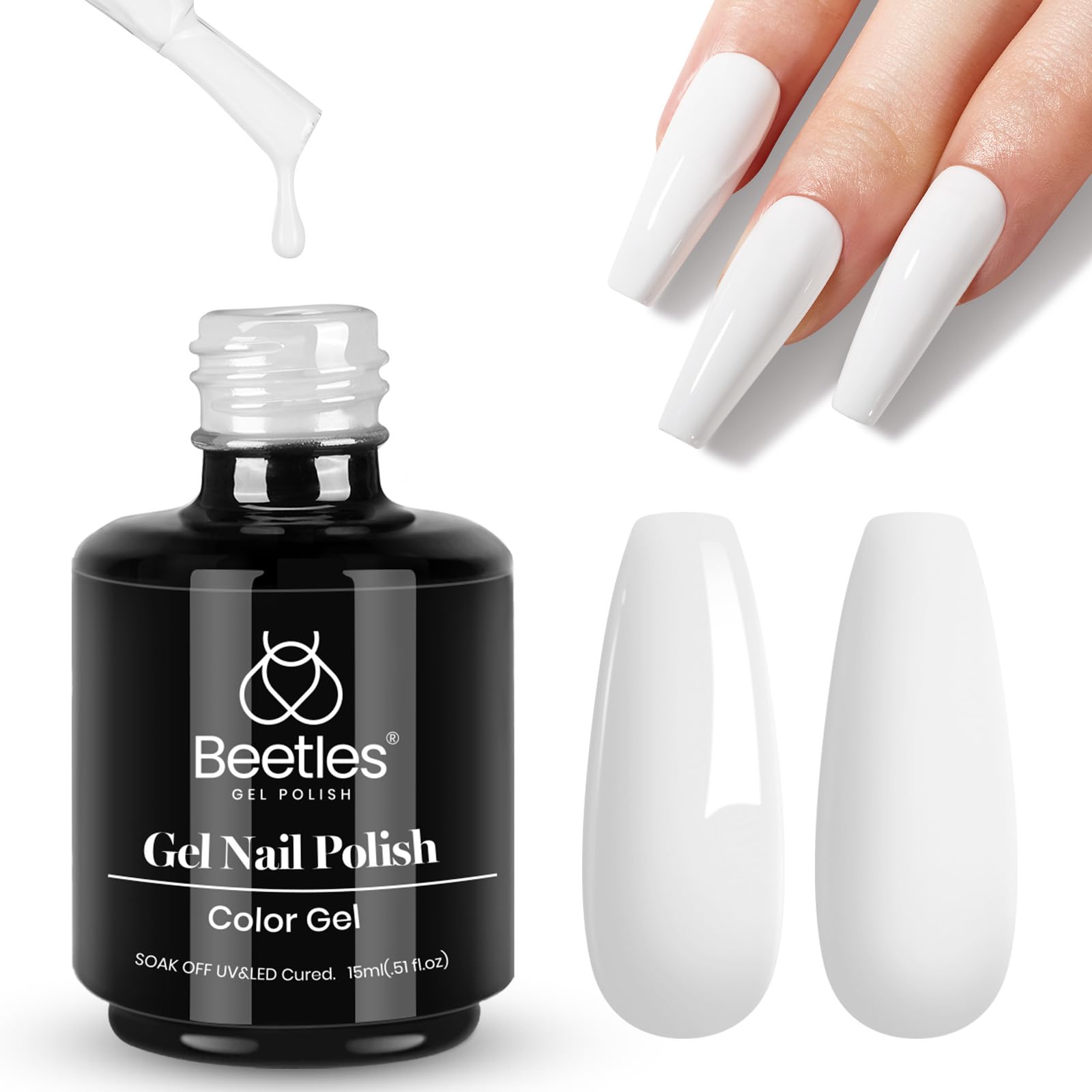 Beetles White Gel Nail Polish bottle showing pure white shade with salon-grade shine.