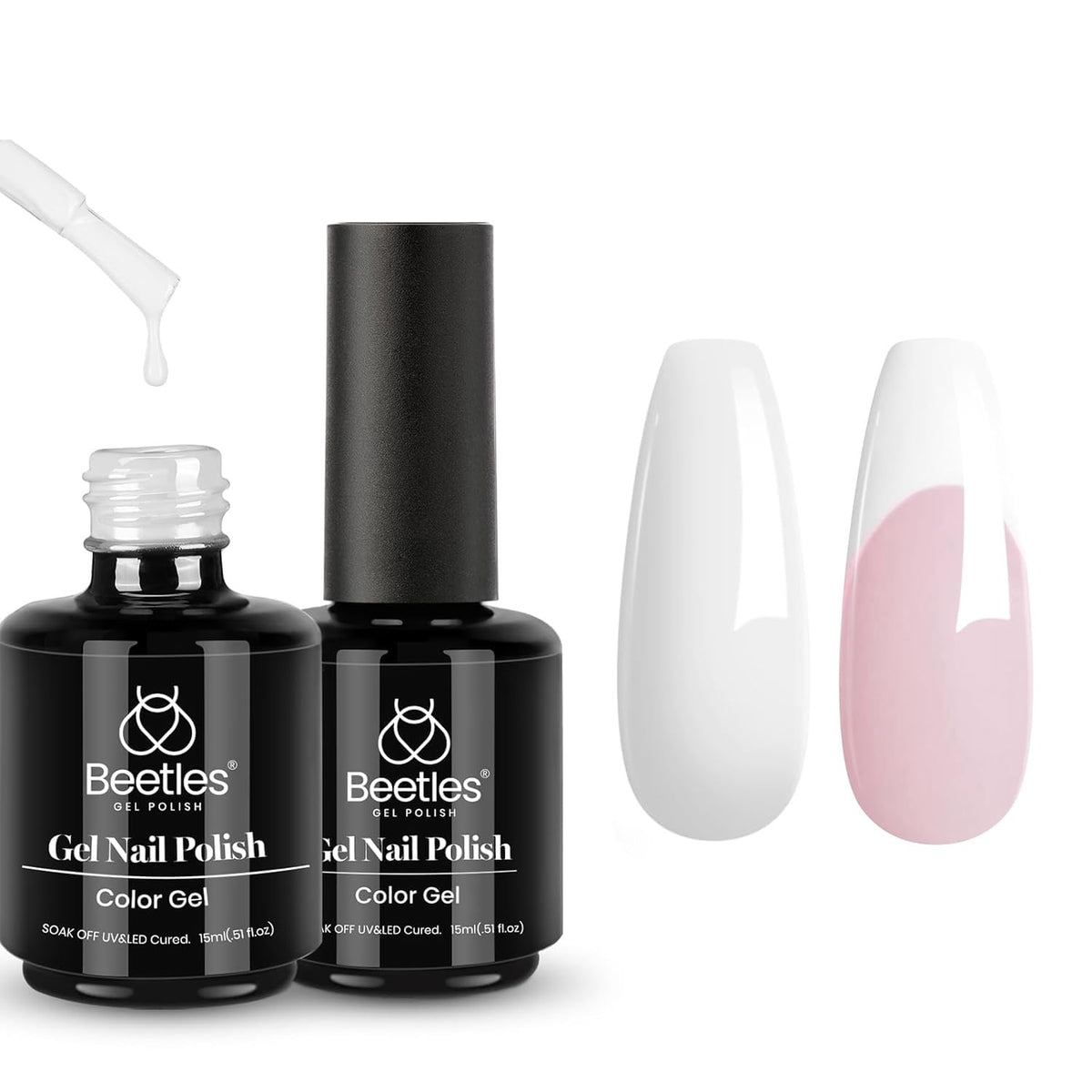 Beetles White Gel Polish Set 2pcs 15ml: crisp white shade for smooth French manicures.