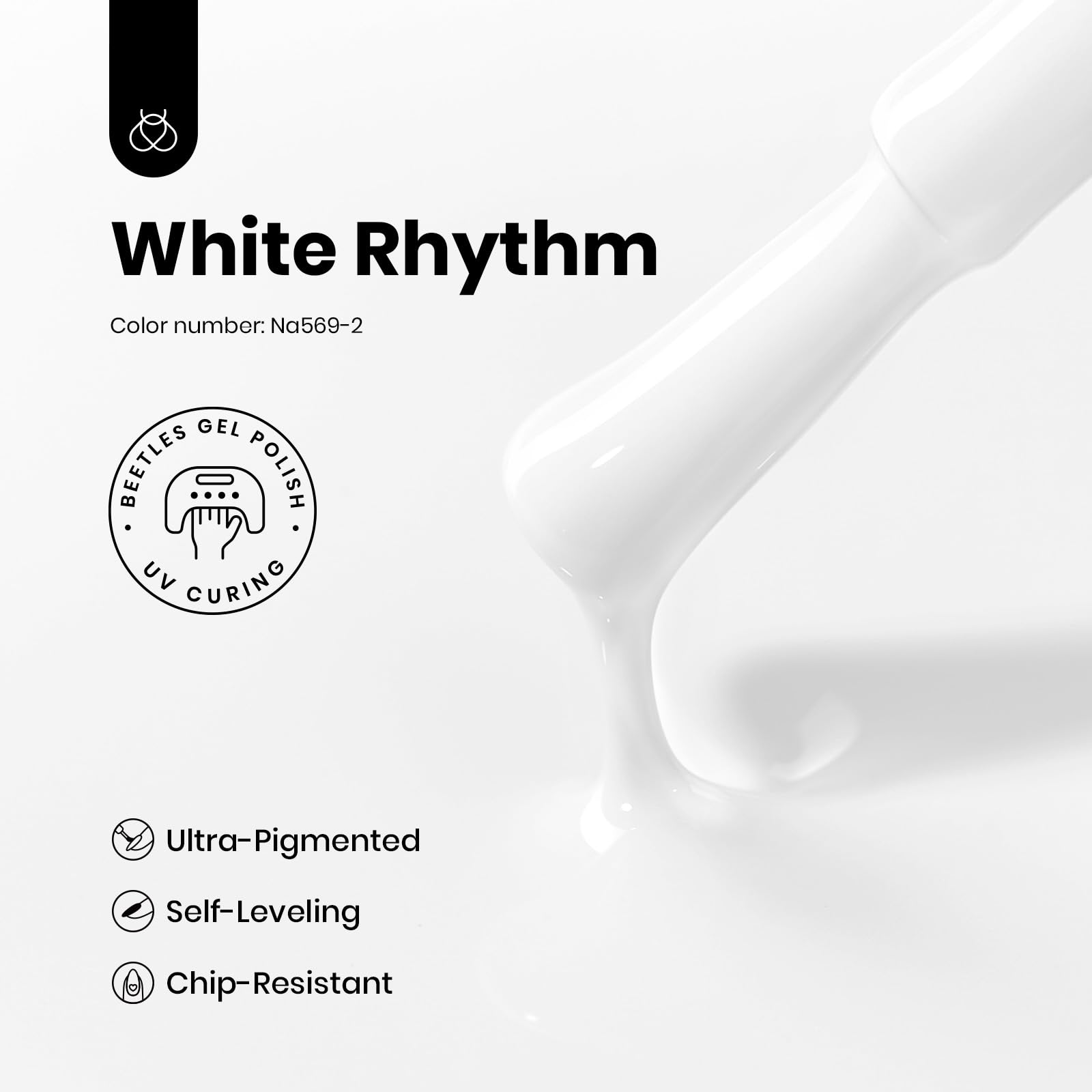 Beetles White Rhythm swatch on nails for clean white look.