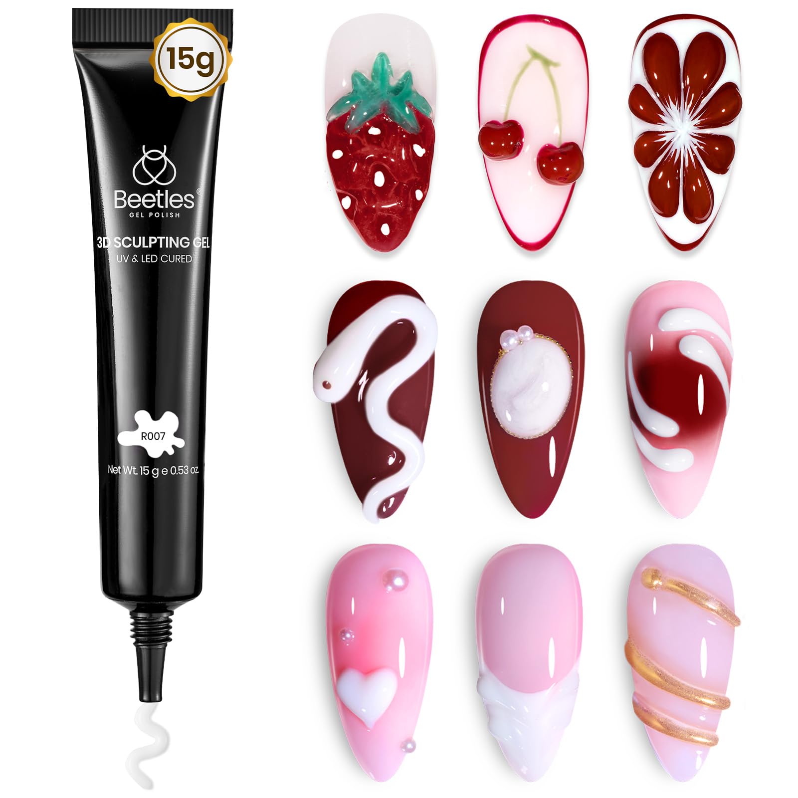 Beetles White Sculpting Gel for 3D nail art creates crisp flower petals.