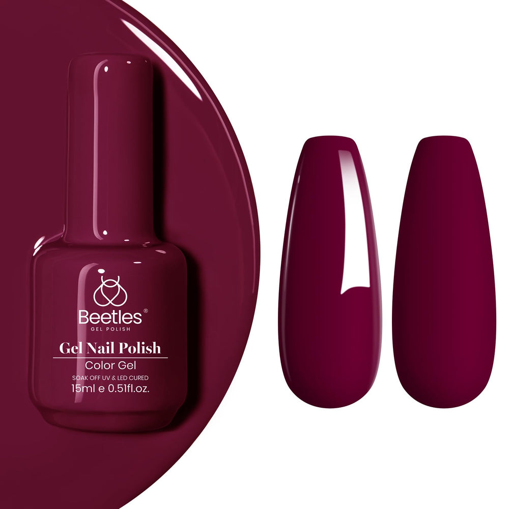 Beetles Gel Polish wine red bottle closeup showing rich burgundy shade and glossy finish