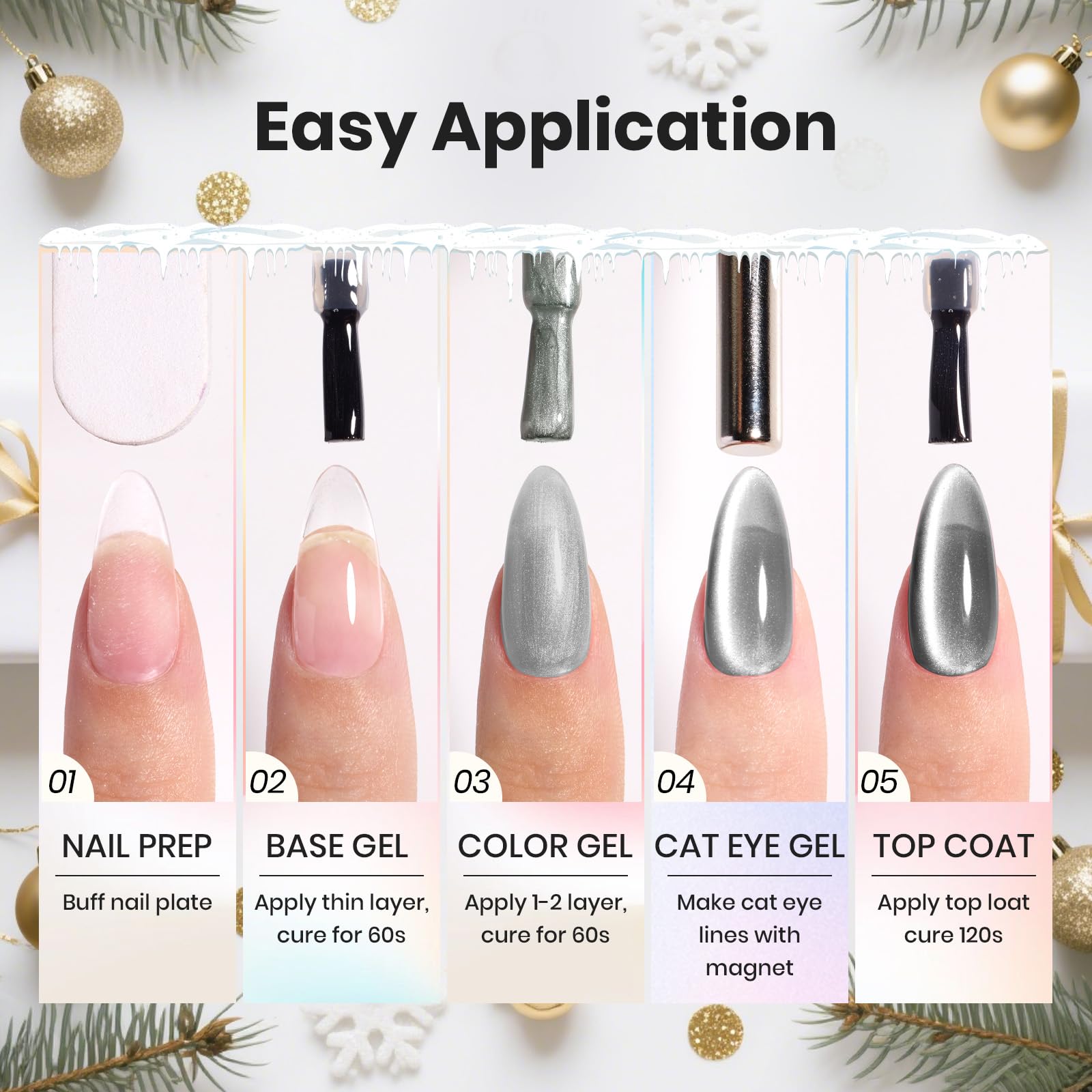 Beetles winter manicure idea featuring silver cat eye glitter.