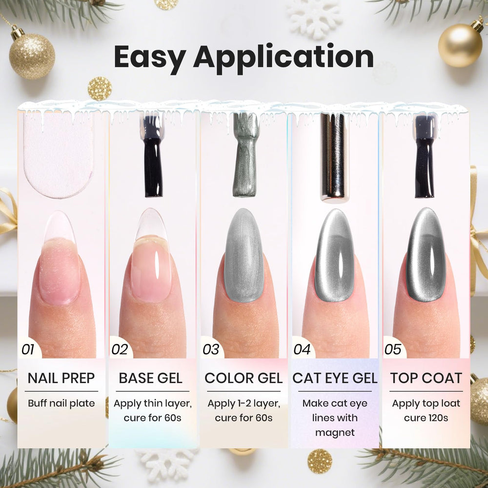 Beetles winter manicure idea featuring silver cat eye glitter.