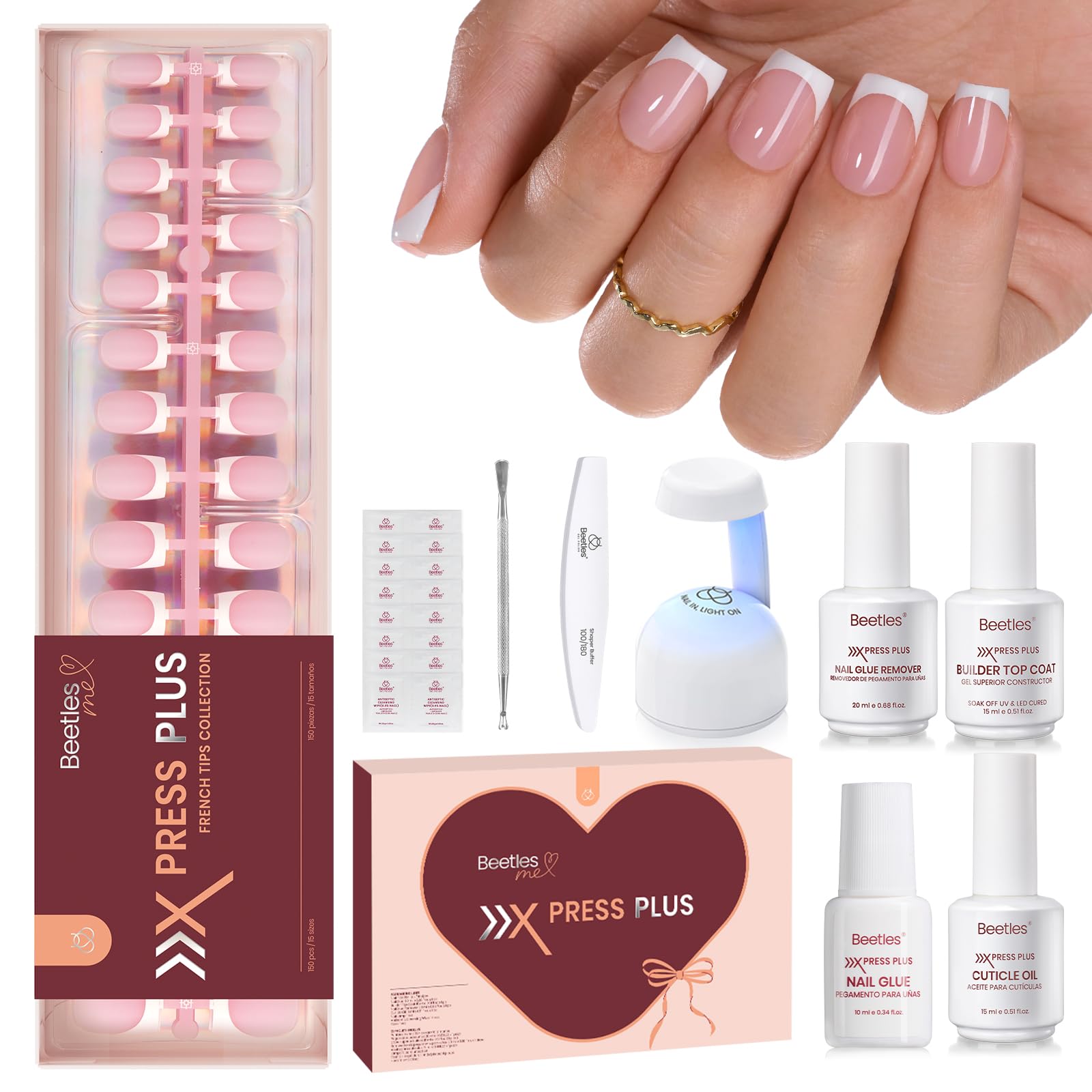 Beetles X Press Plus French tips short square nails ready for quick at-home manicure