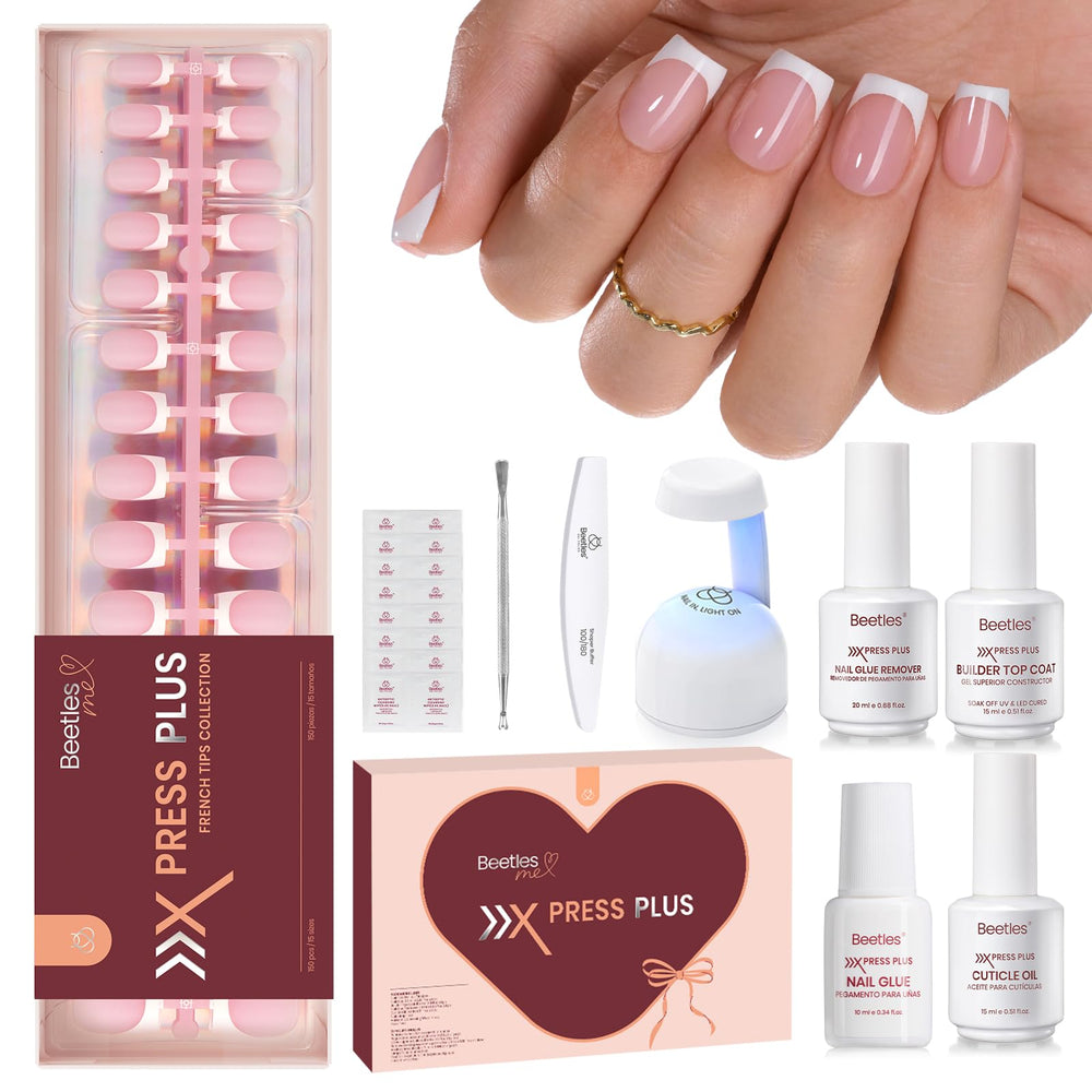 Beetles X Press Plus French tips short square nails ready for quick at-home manicure