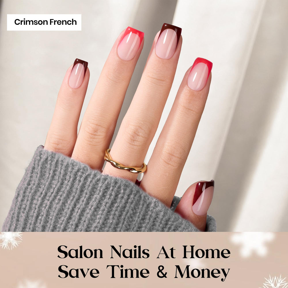 Beetles X Press Red French Tip nails closeup edges highlight durable, salon-like finish.
