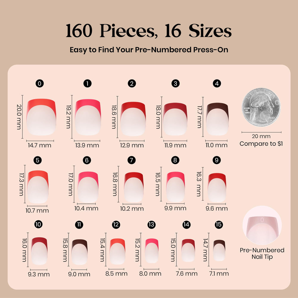 Beetles X Press Red French Tip nails in-box 160-pcs emphasize size range and label 0-15.