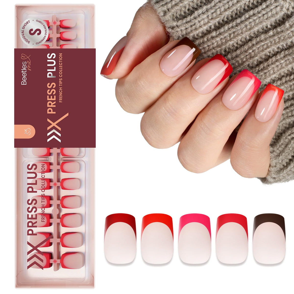 Beetles X Press Red French Tip nails packaging shows a 160-piece set for DIY manicures.
