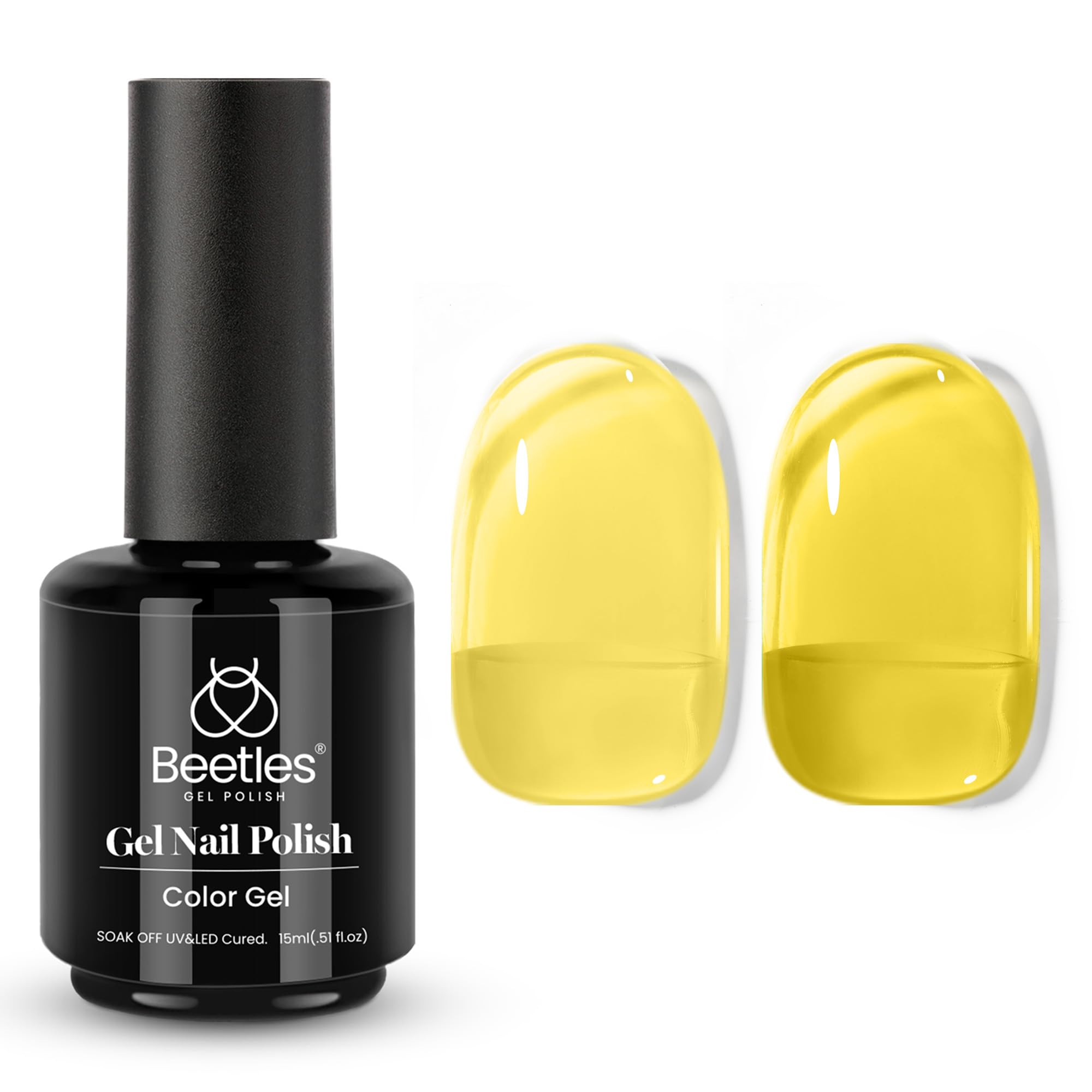 Beetles Yellow Gel Nail Polish bottle, sunny hue with translucent shine