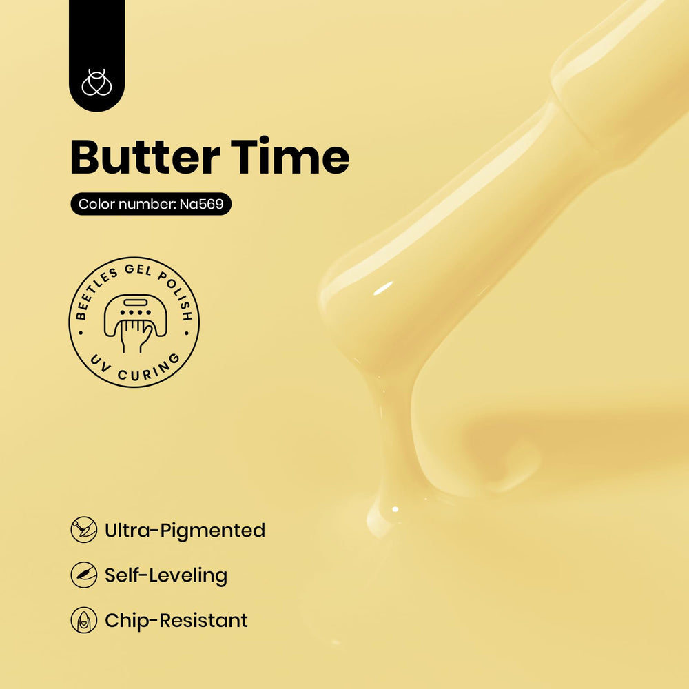 Beetles Butter Time gel polish on nails demonstrates smooth cream finish