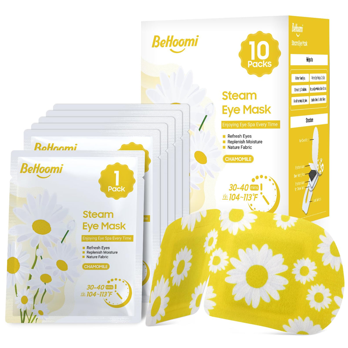 BeHoomi steam eye mask 6-pack box for easy stocking-stuffer shopping.