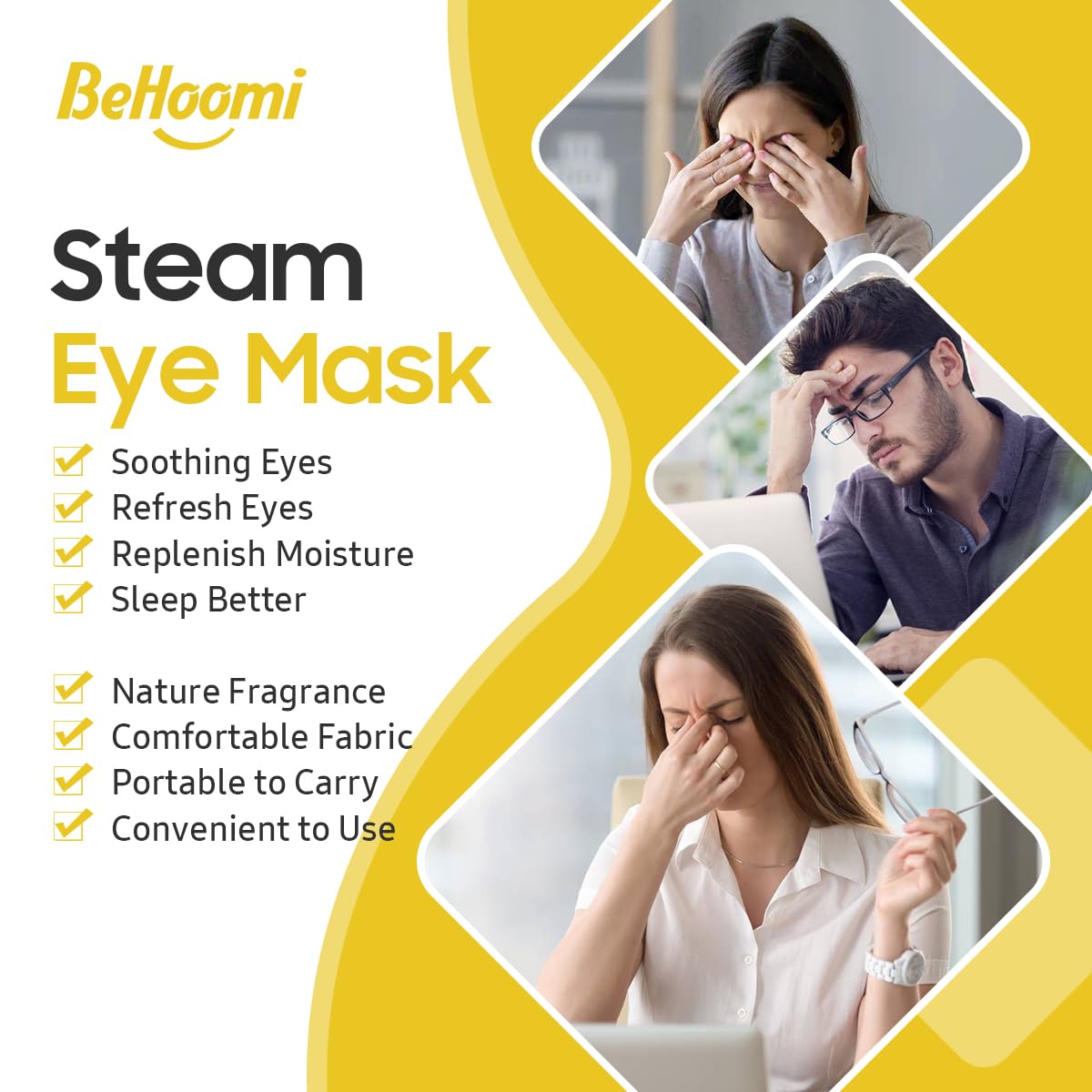 BeHoomi steam eye mask worn on eyes for relaxing warmth.