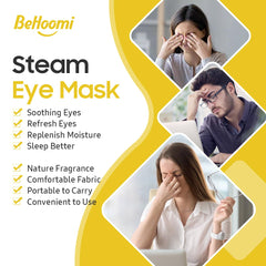 BeHoomi steam eye mask worn on eyes for relaxing warmth.