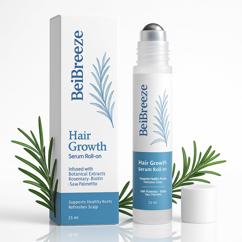 BeiBreeze rosemary hair growth serum roll-on bottle close-up showing fast absorption