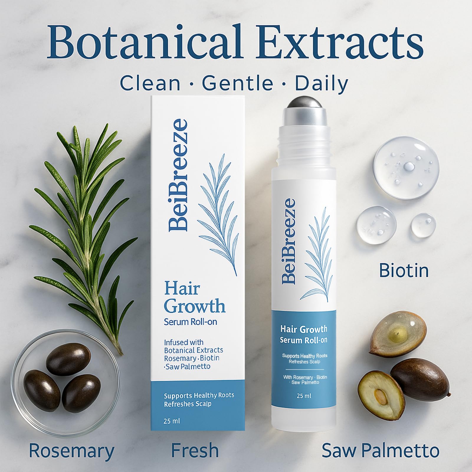 BeiBreeze rosemary serum roll-on applicator on scalp for precise application