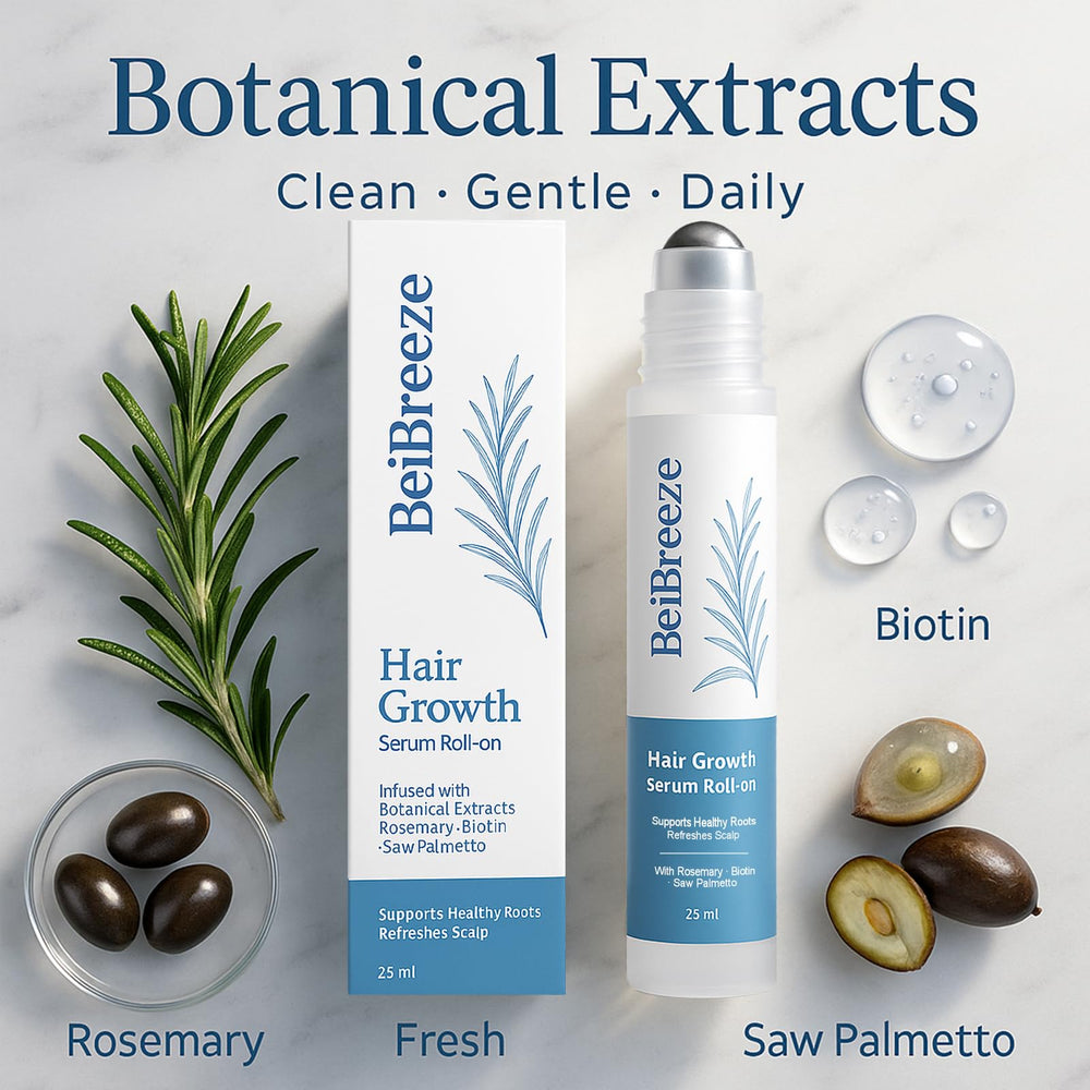BeiBreeze rosemary serum roll-on applicator on scalp for precise application