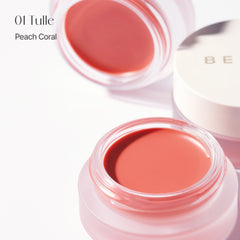 BEIGIC Flush Lip and Cheek Balm 01 Tulle swirled on cheek for dewy flush.