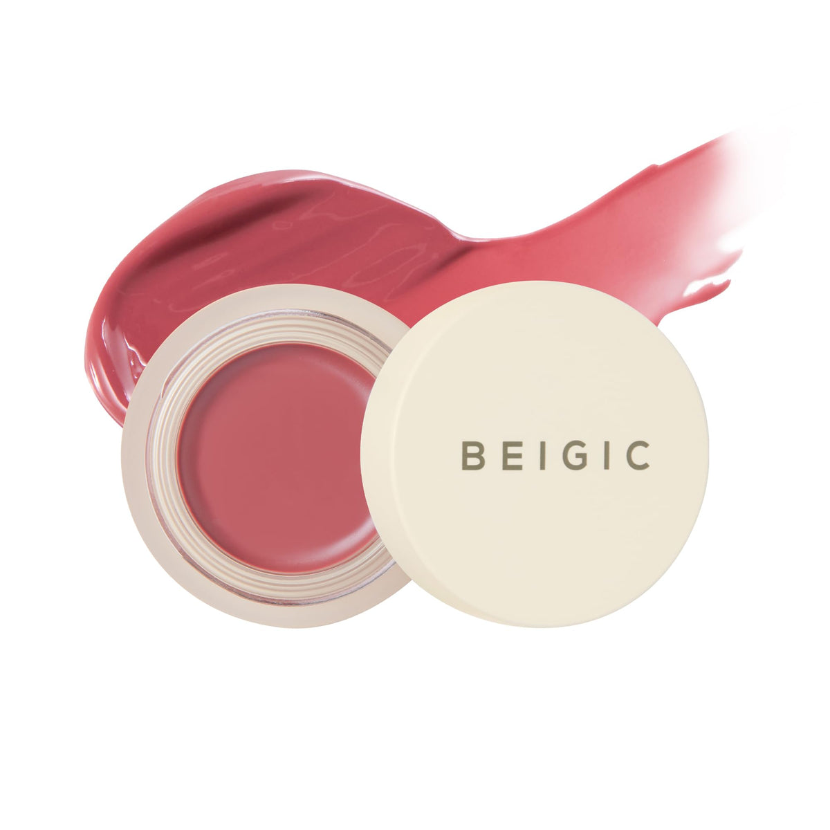 Beigic Flush Lip Cheek Balm swatch on skin for a natural rosy glow.