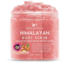 Being Naturals Himalayan Salt Scrub jar view for exfoliation with lychee and snail mucin.