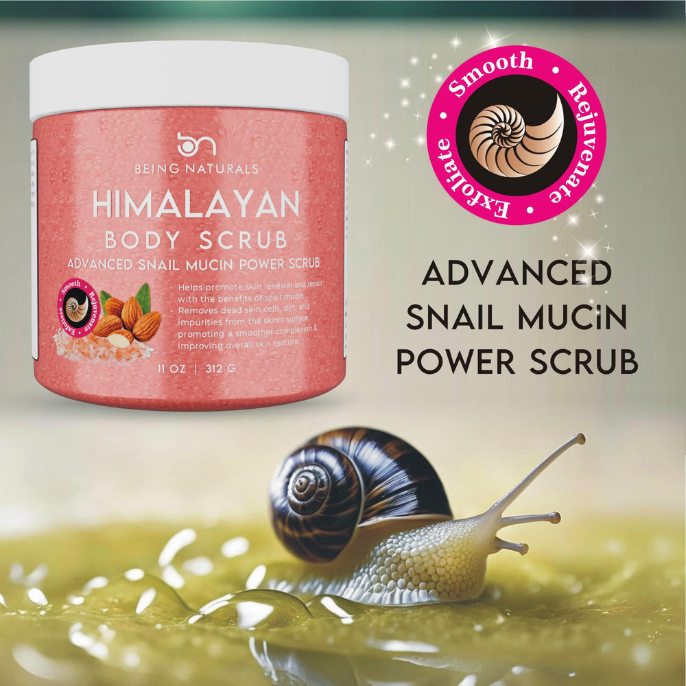 Being Naturals snail mucin ingredient graphic emphasizes hydration and gentle exfoliation.