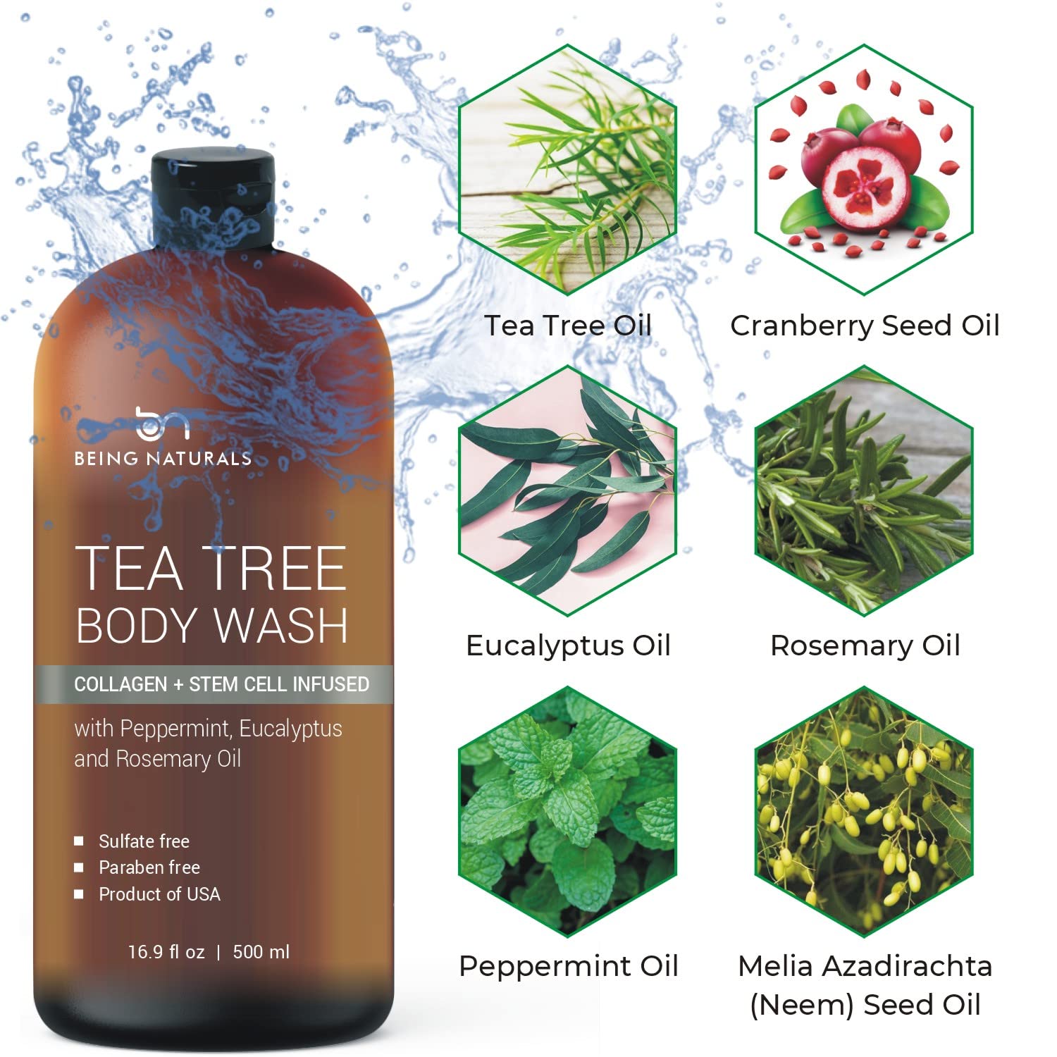 Being Naturals Tea Tree Body Wash bottle pour capturing a rich lather.