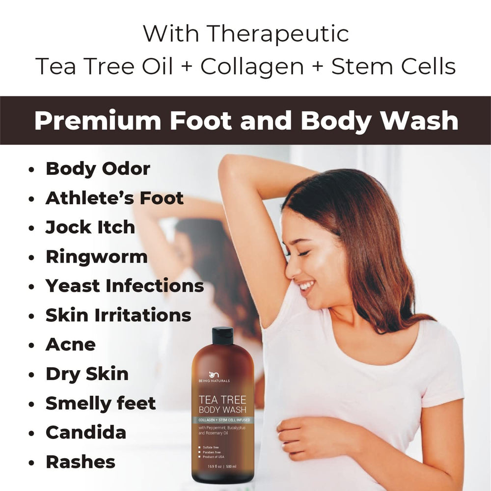 Packaging box of Being Naturals Tea Tree Body Wash showcasing eco-friendly branding.