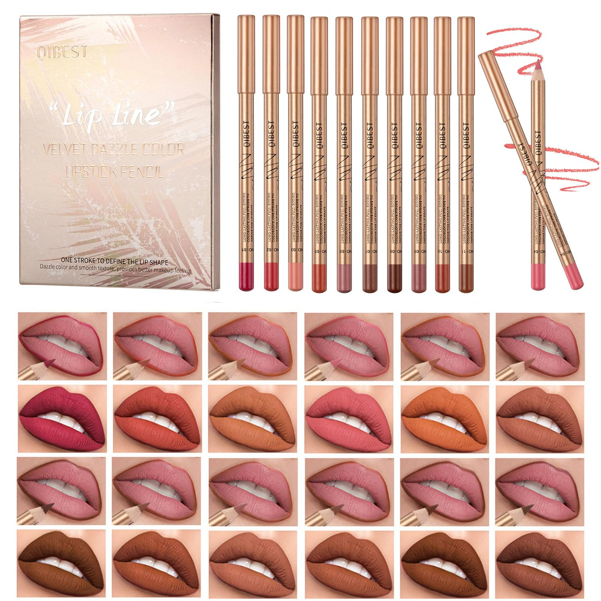 Bekoeen 12-piece matte lip liner set packaging with expiry date and ingredients.