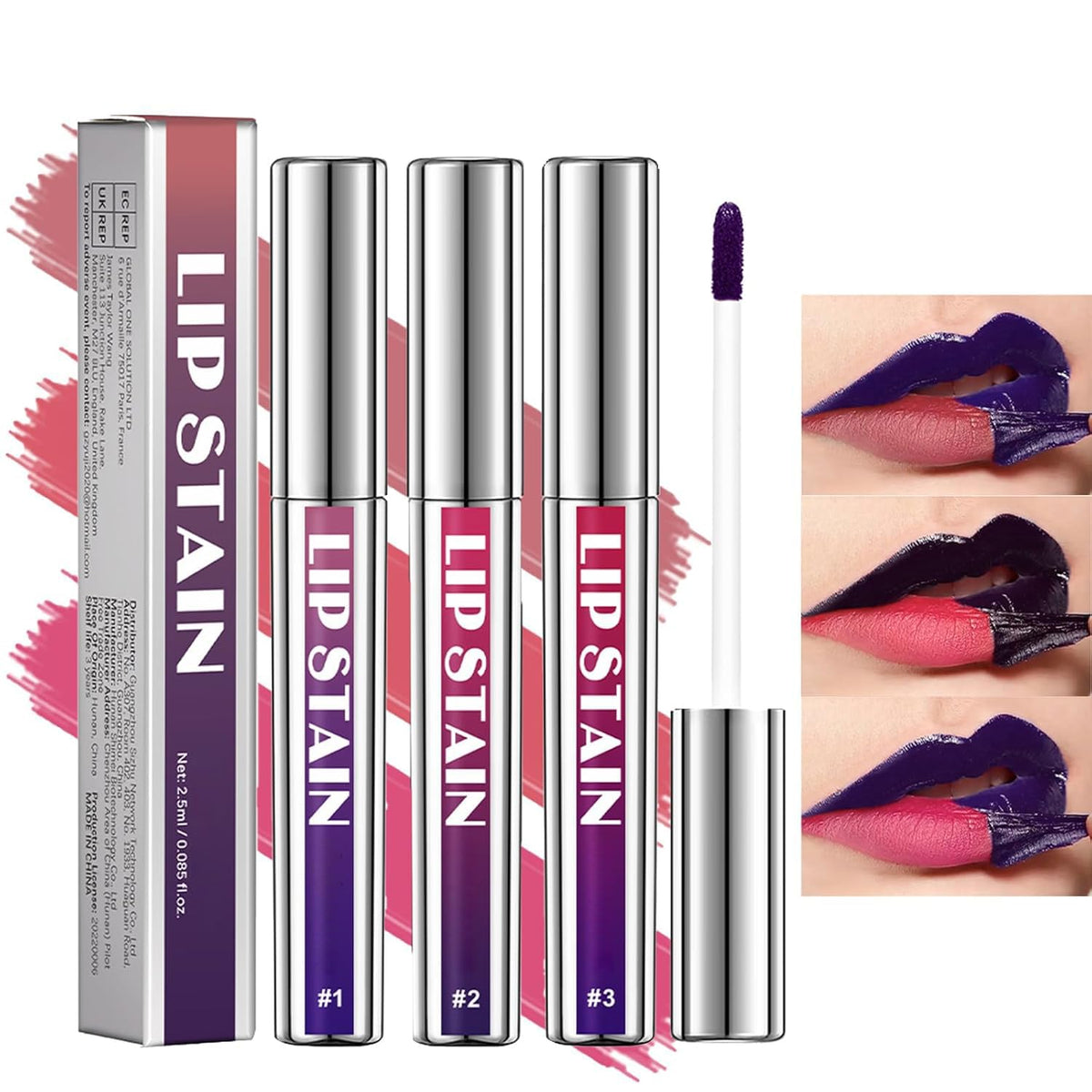 Bekoeen 3-pcs peel-off lip stain set with vibrant shades for daily wear.