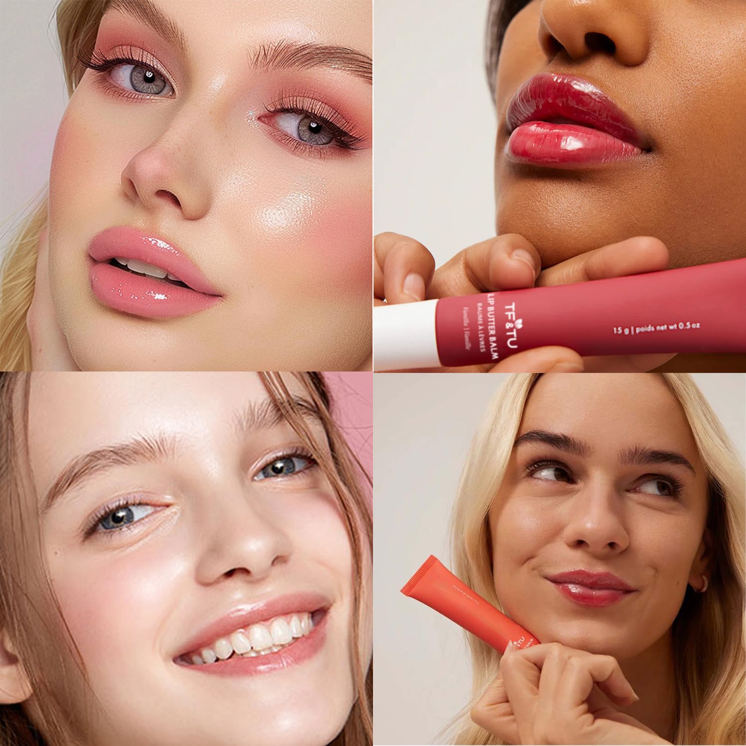 Bekoeen lip gloss color range showing six shades for versatile looks