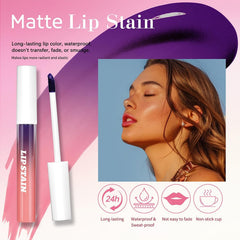 Bekoeen lip stain swatch showing waterproof, kiss-proof wear.