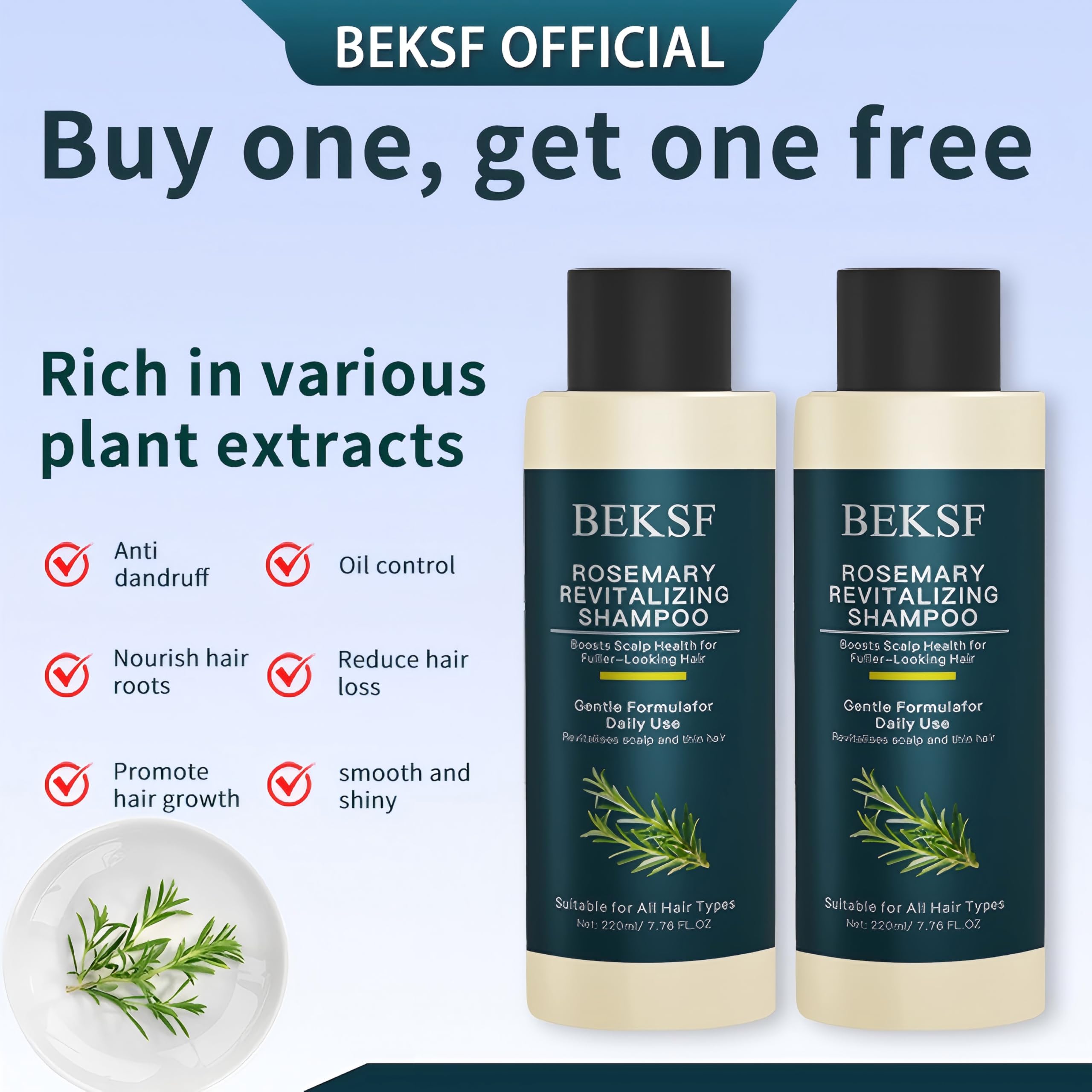 BEKSF Rosemary Shampoo packaging front showing sulfate-free formula for sensitive scalps