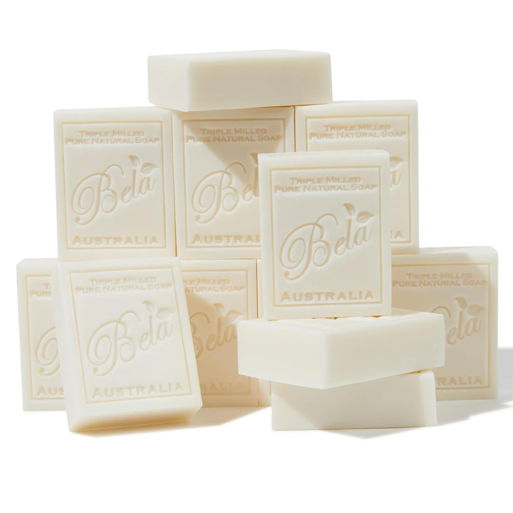 BELA extra creamy goat milk soap bar 12-pack showing creamy lather and texture.