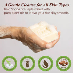 BELA France milled goat milk soap with bubbles emphasizing smooth cleansing.