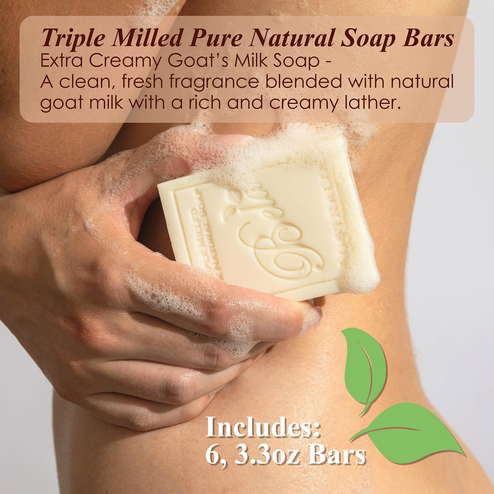 BELA goat milk soap bar closeup highlighting rich lather for hands, face, and body.