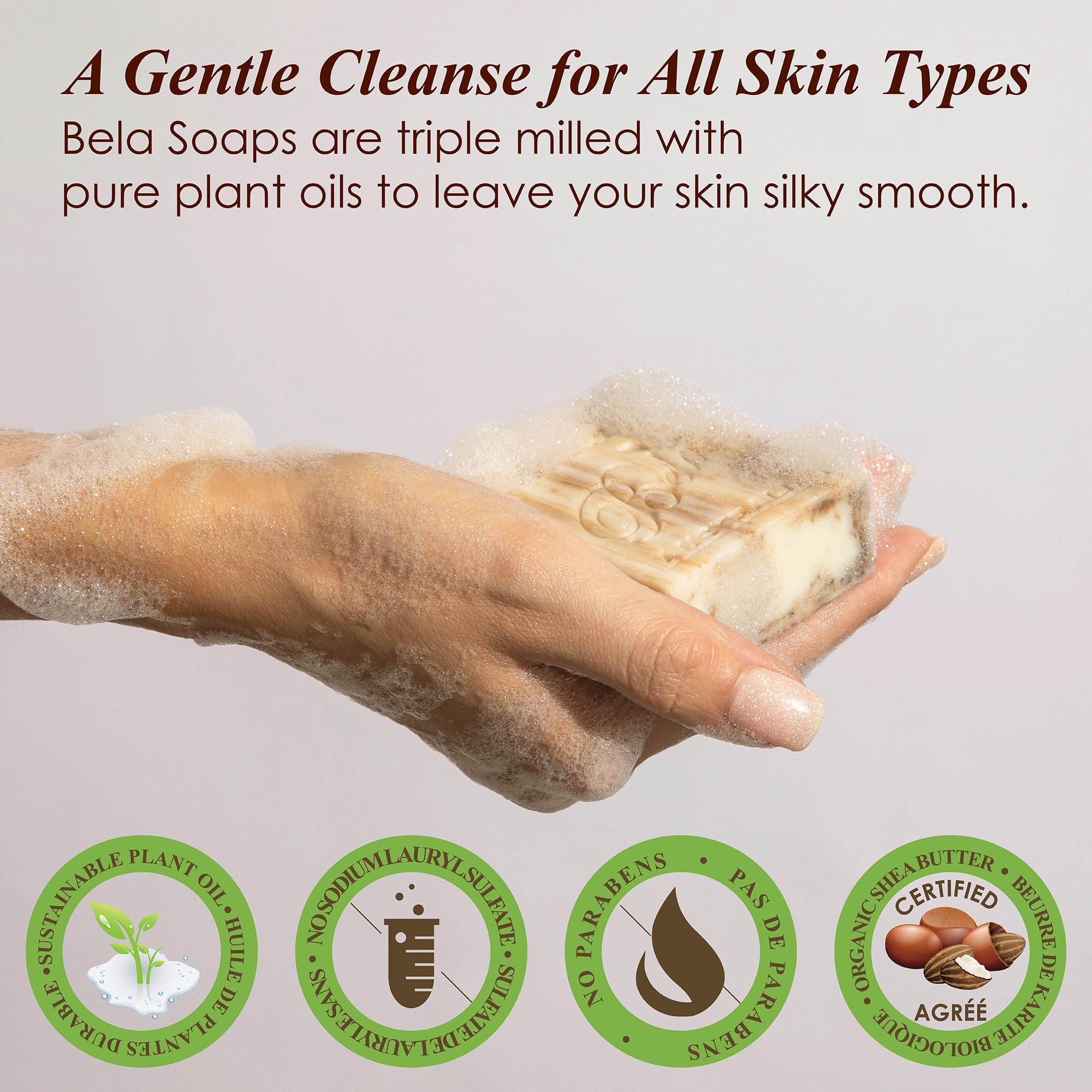 BELA Sandalwood Soap with organic shea butter nourishes skin during wash.